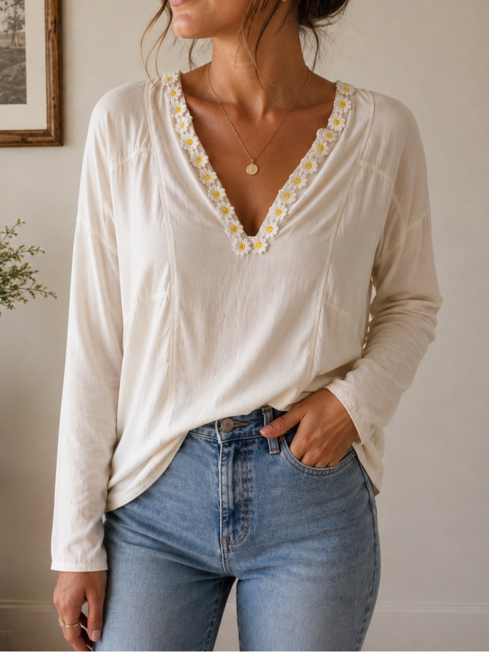 Vince Cream V-Neck Long Sleeve Top with Daisy Trim